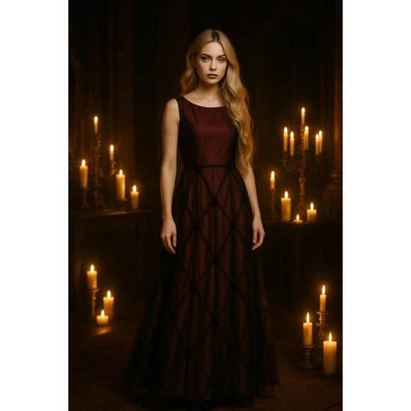 VTG Rickie Freeman Evening Gown Black Red Mesh Overlay Vamp Whimsigoth Gothic 8 - Picture 6 of 15